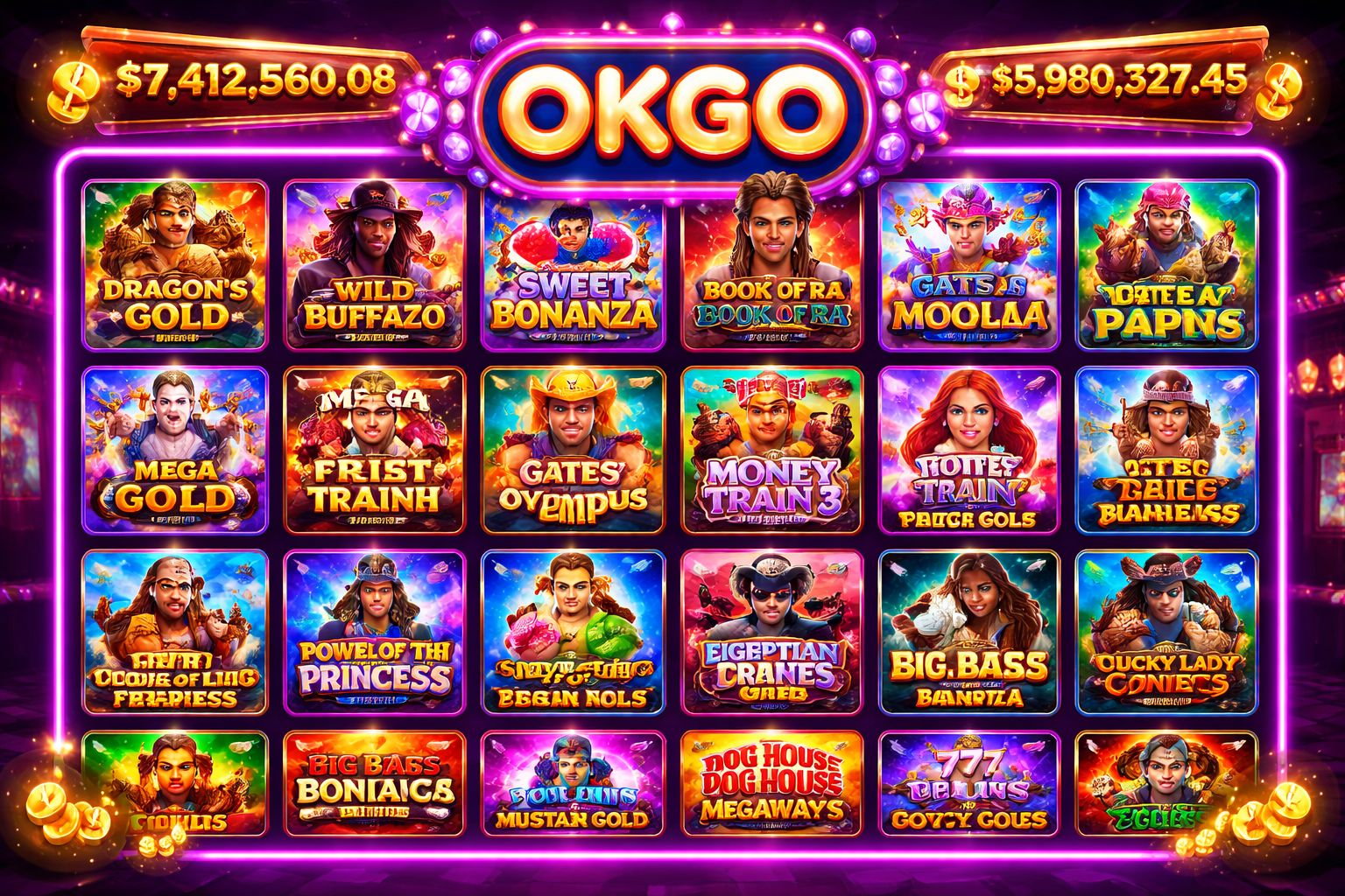 OKGO Slots collection with jackpot counters and popular titles